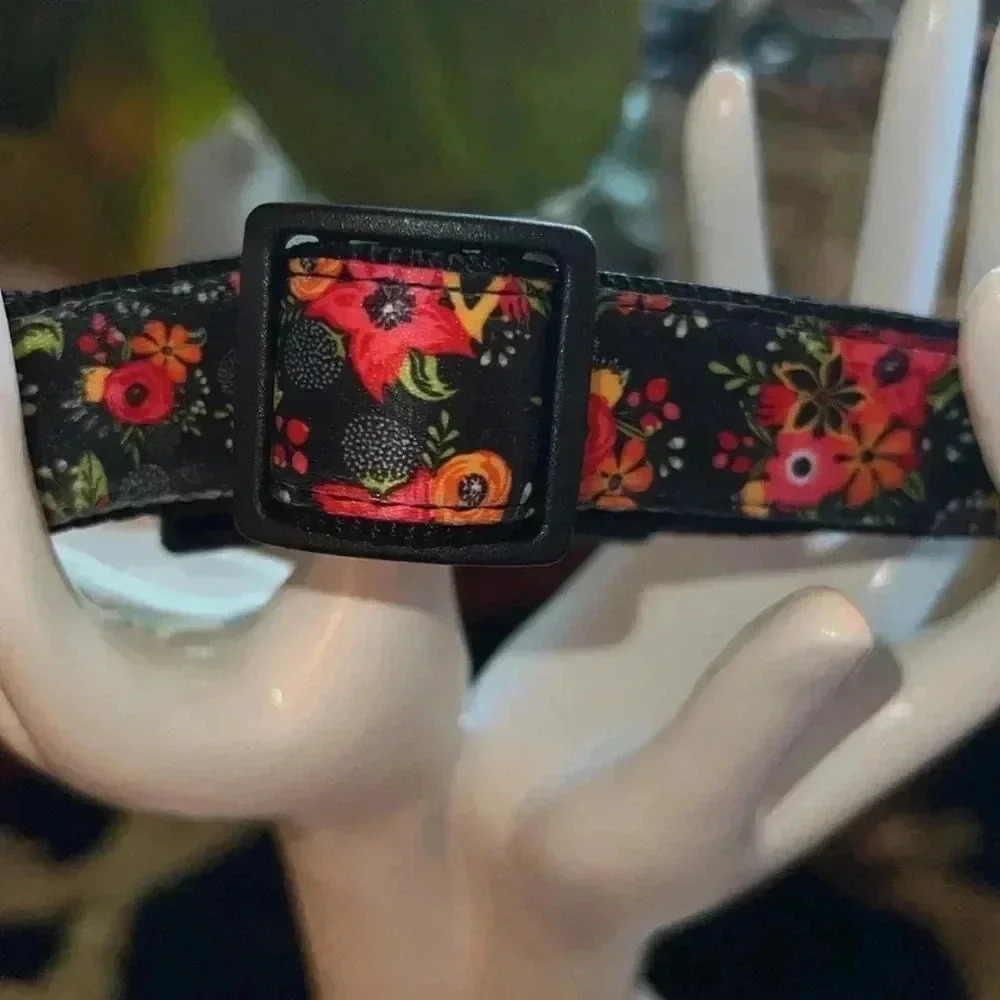 Dog Collar Orange Pink Floral Black Extra Large Heavy Duty Quick Release Collar - Picture 5 of 16